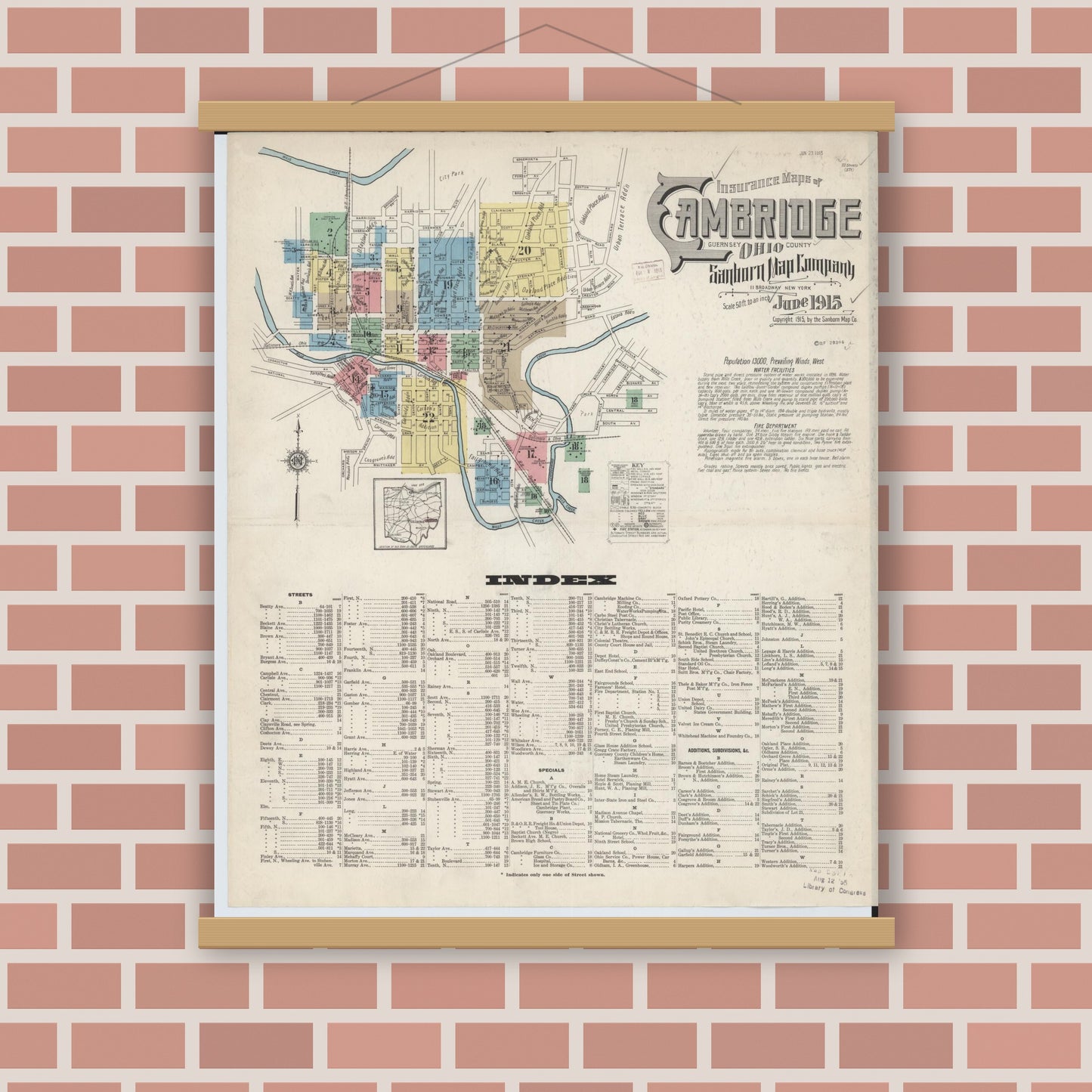 Old map wall art mockup — magnetic wood frame on brick wall — Sanborn Fire Insurance Map from Cambridge, Guernsey County, Ohio (1915) - Complete Map Set