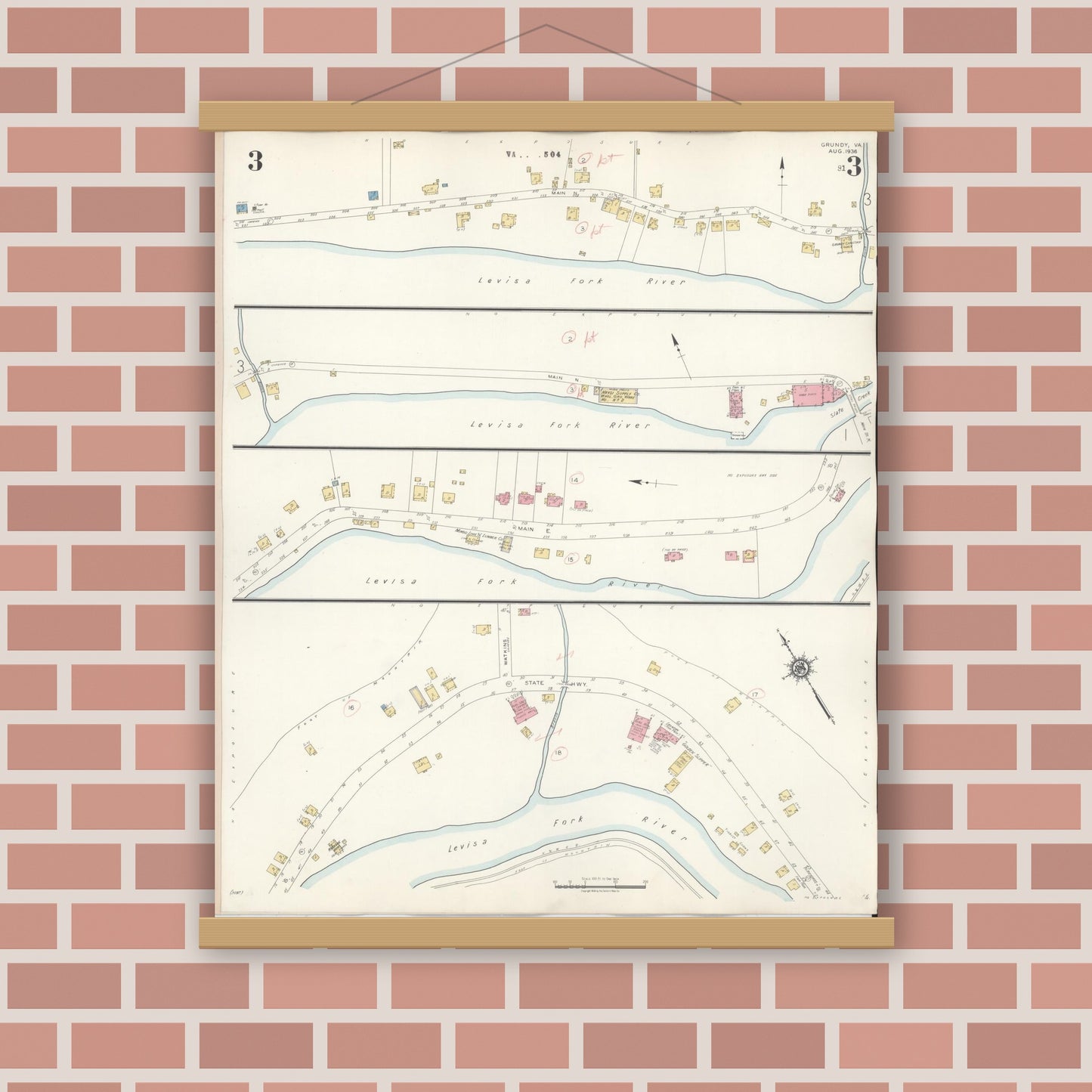 Old map wall art mockup — magnetic wood frame on brick wall — Sanborn Fire Insurance Map from Grundy, Buchanan County, Virginia (1936), Sheet #0003