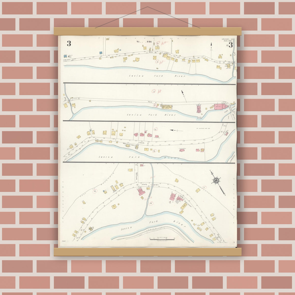 Old map wall art mockup — magnetic wood frame on brick wall — Sanborn Fire Insurance Map from Grundy, Buchanan County, Virginia (1936), Sheet #0003