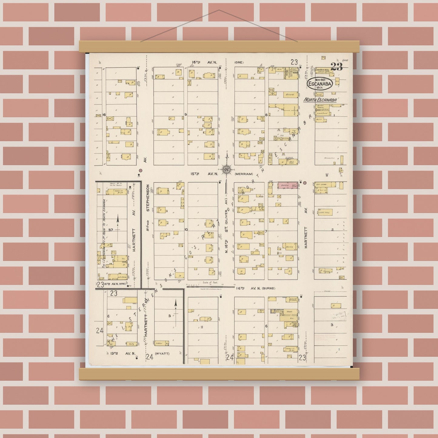 Old map wall art mockup — magnetic wood frame on brick wall — Sanborn Fire Insurance Map from Escanaba, Delta County, Michigan (1921), Sheet #0023