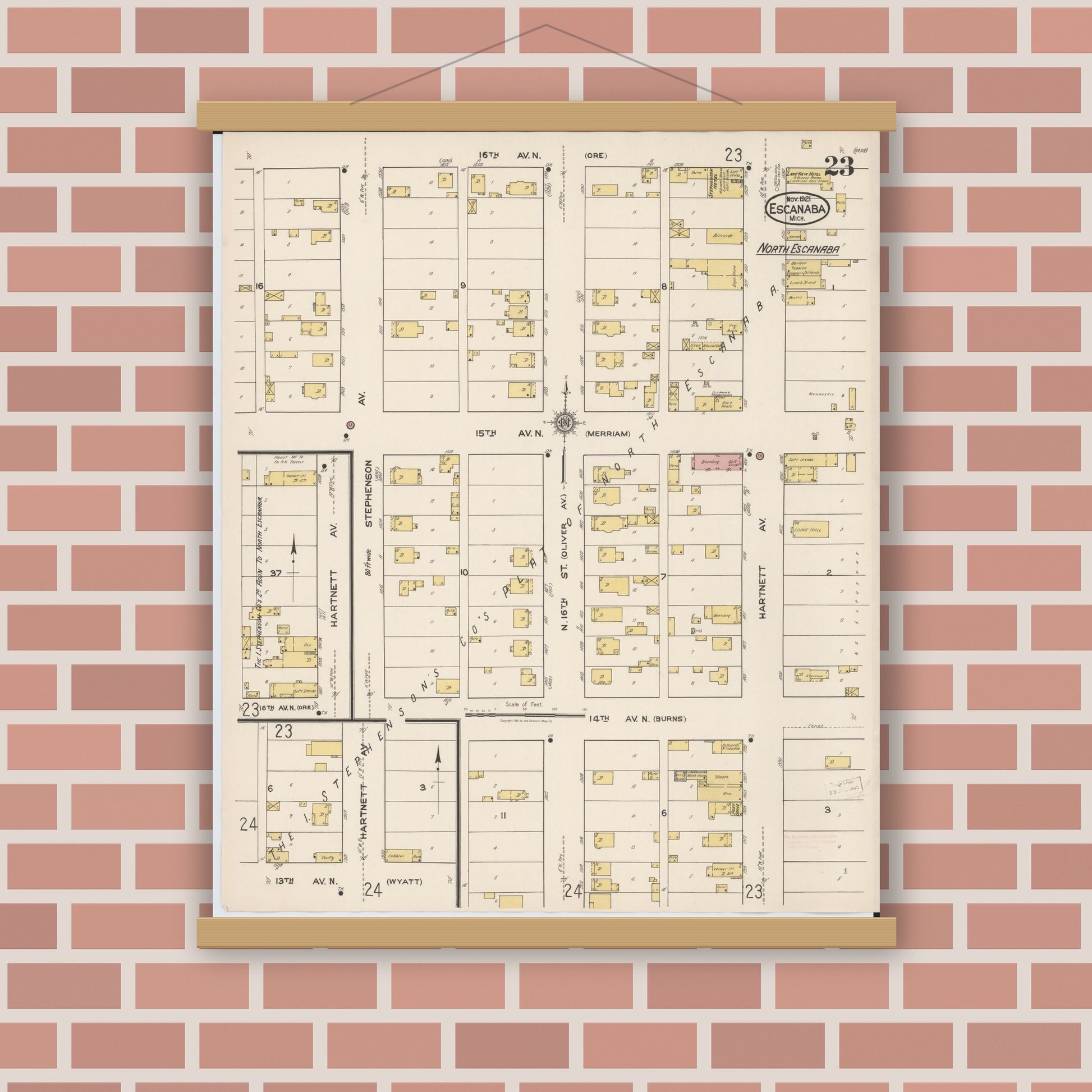 Old map wall art mockup — magnetic wood frame on brick wall — Sanborn Fire Insurance Map from Escanaba, Delta County, Michigan (1921), Sheet #0023