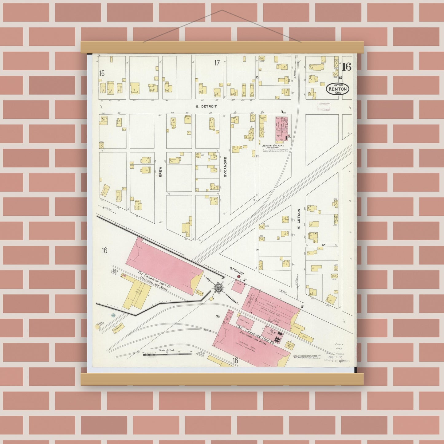 Old map wall art mockup — magnetic wood frame on brick wall — Sanborn Fire Insurance Map from Kenton, Hardin County, Ohio (1911), Sheet #0016