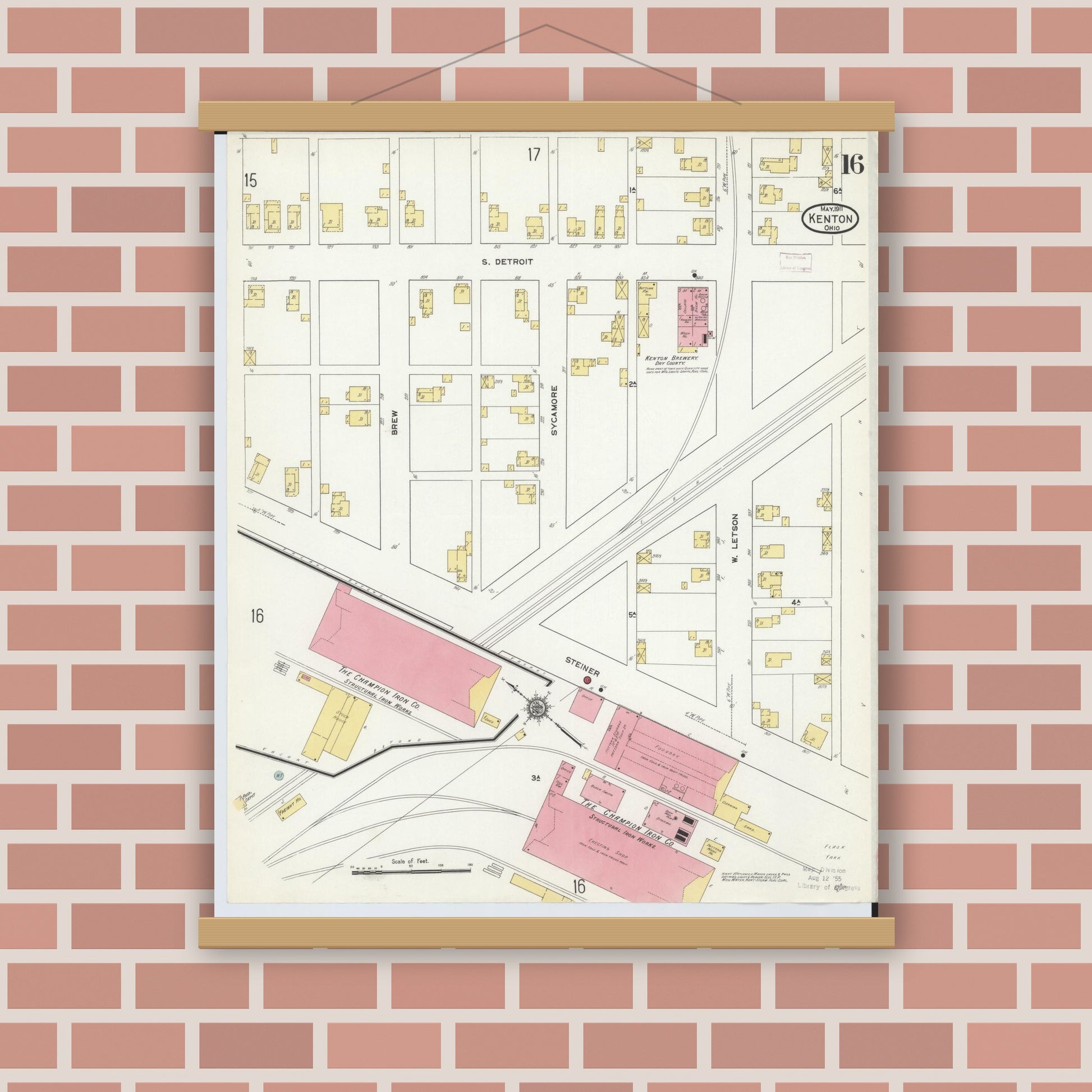Old map wall art mockup — magnetic wood frame on brick wall — Sanborn Fire Insurance Map from Kenton, Hardin County, Ohio (1911), Sheet #0016