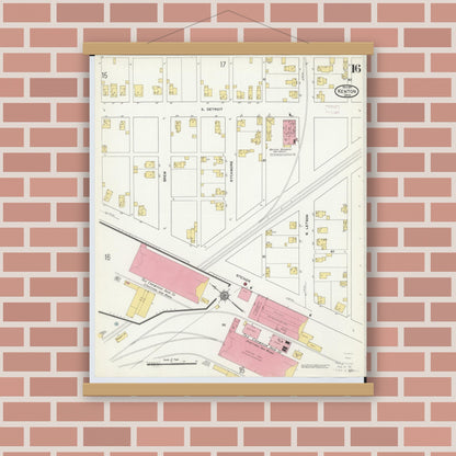 Old map wall art mockup — magnetic wood frame on brick wall — Sanborn Fire Insurance Map from Kenton, Hardin County, Ohio (1911), Sheet #0016