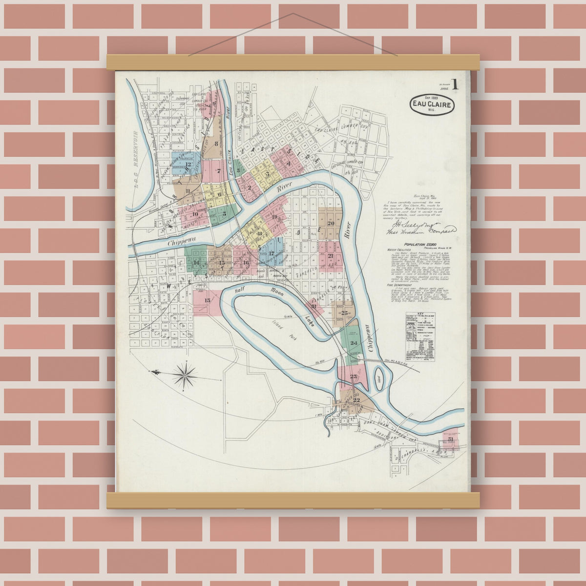 Old map wall art mockup — magnetic wood frame on brick wall — Sanborn Fire Insurance Map from Eau Claire, Eau Claire County, Wisconsin (1889) - Complete Map Set