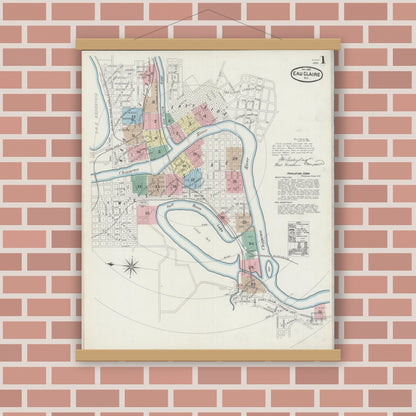 Old map wall art mockup — magnetic wood frame on brick wall — Sanborn Fire Insurance Map from Eau Claire, Eau Claire County, Wisconsin (1889) - Complete Map Set