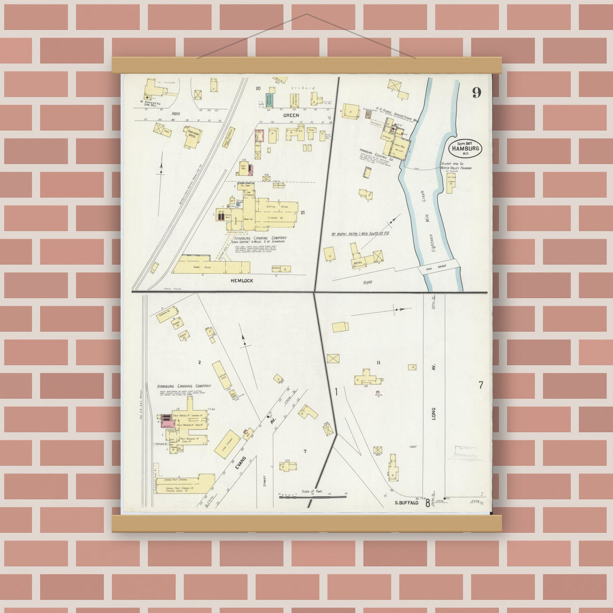Old map wall art mockup — magnetic wood frame on brick wall — Sanborn Fire Insurance Map from Hamburg, Erie County, New York (1907), Sheet #0009
