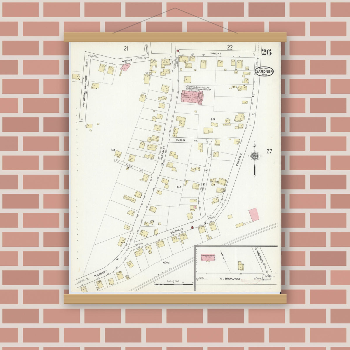 Old map wall art mockup — magnetic wood frame on brick wall — Sanborn Fire Insurance Map from Gardner, Worcester County, Massachusetts (1914), Sheet #0026