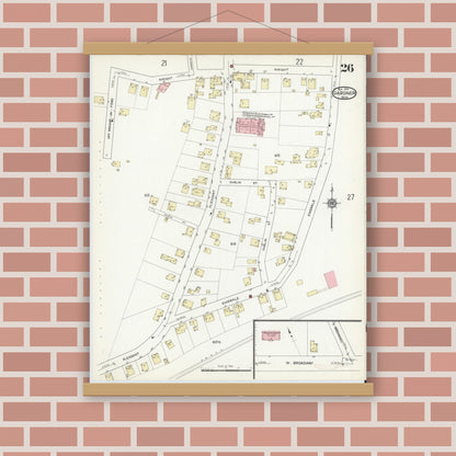 Old map wall art mockup — magnetic wood frame on brick wall — Sanborn Fire Insurance Map from Gardner, Worcester County, Massachusetts (1914), Sheet #0026