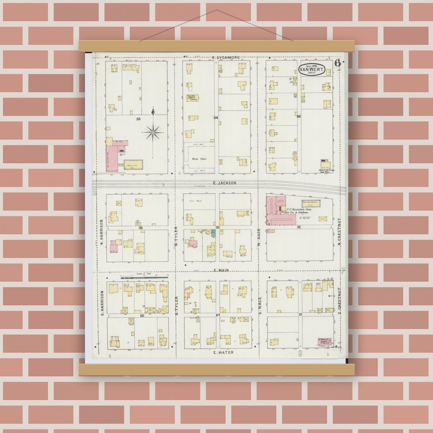 Old map wall art mockup — magnetic wood frame on brick wall — Sanborn Fire Insurance Map from Van Wert, Van Wert County, Ohio (1895), Sheet #0006