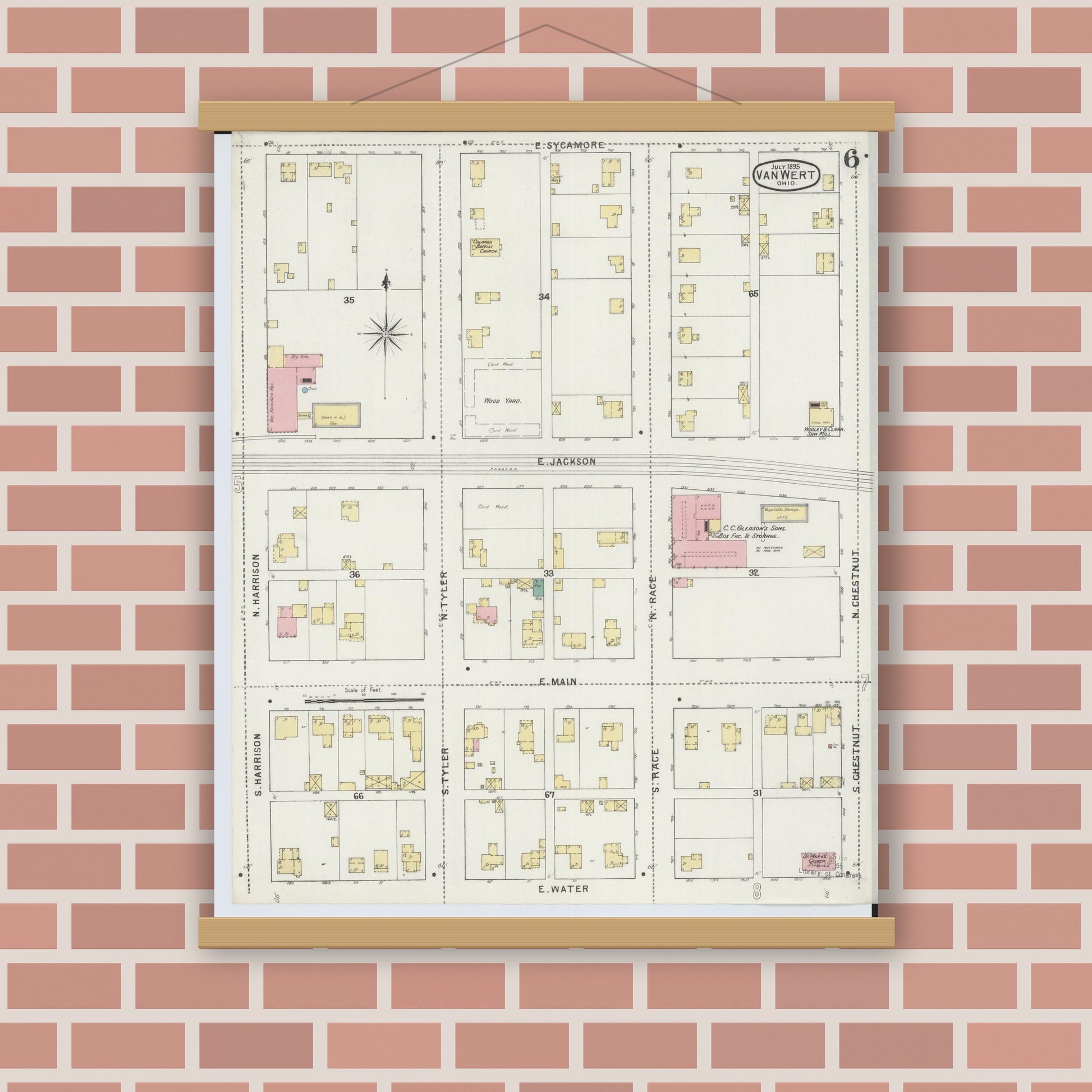 Old map wall art mockup — magnetic wood frame on brick wall — Sanborn Fire Insurance Map from Van Wert, Van Wert County, Ohio (1895), Sheet #0006