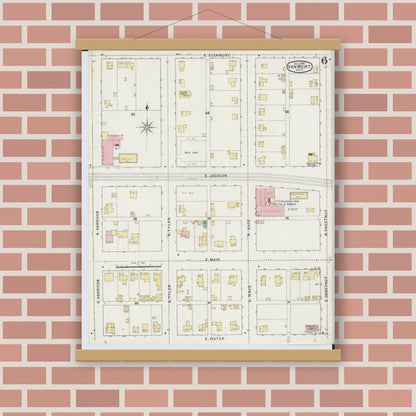 Old map wall art mockup — magnetic wood frame on brick wall — Sanborn Fire Insurance Map from Van Wert, Van Wert County, Ohio (1895), Sheet #0006