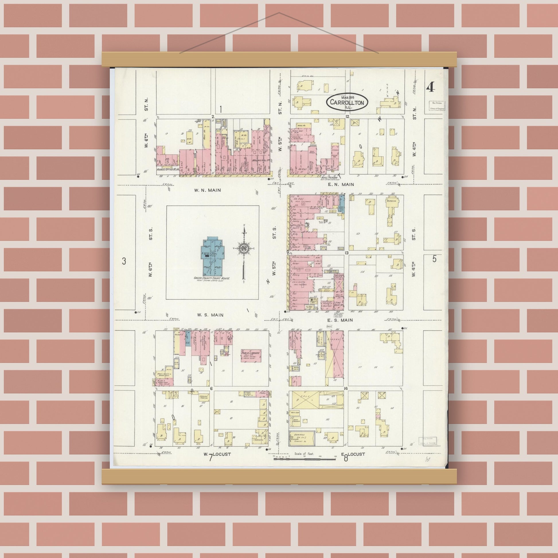 Old map wall art mockup — magnetic wood frame on brick wall — Sanborn Fire Insurance Map from Carrollton, Greene County, Illinois (1914), Sheet #0004