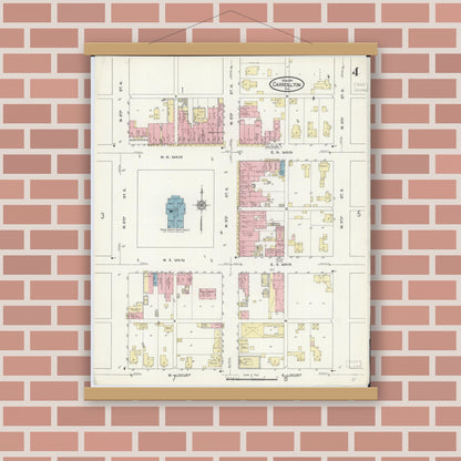 Old map wall art mockup — magnetic wood frame on brick wall — Sanborn Fire Insurance Map from Carrollton, Greene County, Illinois (1914), Sheet #0004