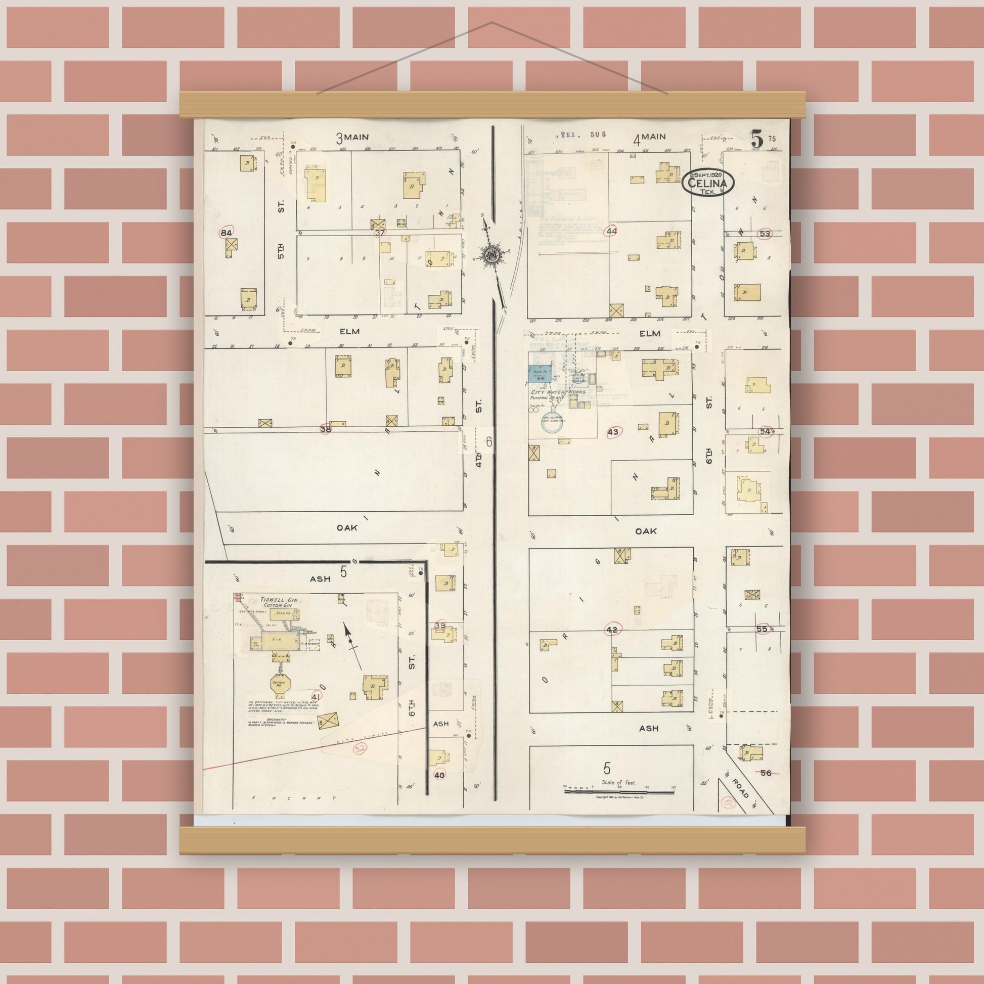 Old map wall art mockup — magnetic wood frame on brick wall — Sanborn Fire Insurance Map from Celina, Collin County, Texas (1944), Sheet #0005