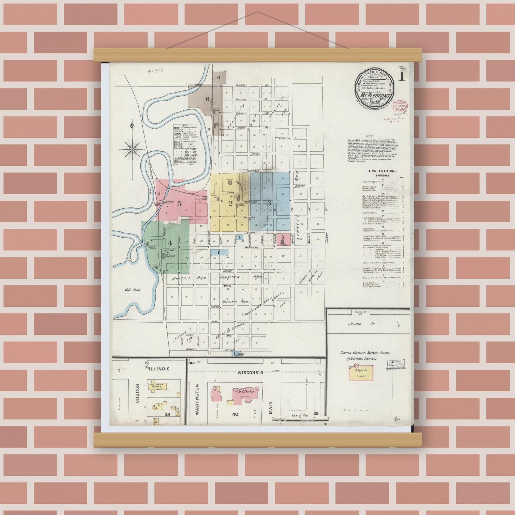Old map wall art mockup — magnetic wood frame on brick wall — Sanborn Fire Insurance Map from Mount Pleasant, Isabella County, Michigan (1895) - Complete Map Set