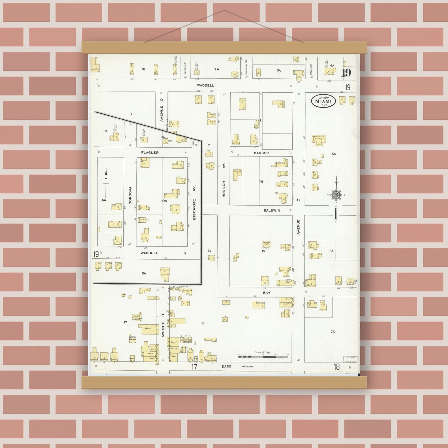 Old map wall art mockup — magnetic wood frame on brick wall — Sanborn Fire Insurance Map from Miami, Dade County, Florida (1910), Sheet #0019