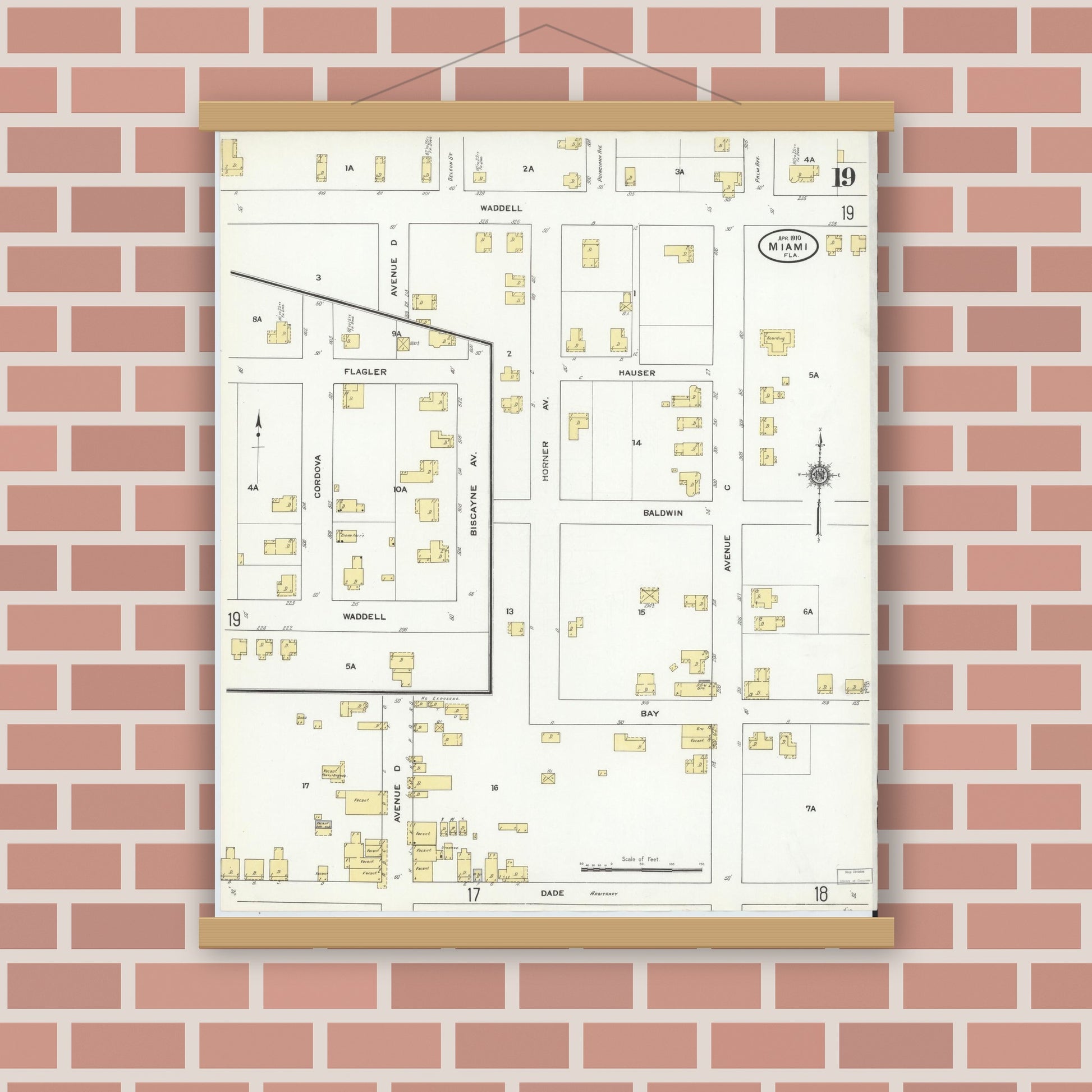 Old map wall art mockup — magnetic wood frame on brick wall — Sanborn Fire Insurance Map from Miami, Dade County, Florida (1910), Sheet #0019