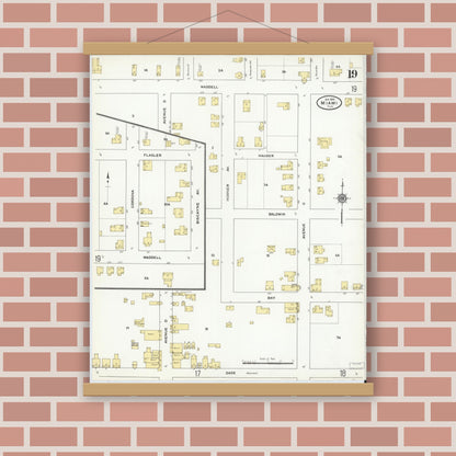 Old map wall art mockup — magnetic wood frame on brick wall — Sanborn Fire Insurance Map from Miami, Dade County, Florida (1910), Sheet #0019