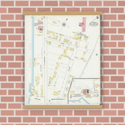 Old map wall art mockup — magnetic wood frame on brick wall — Sanborn Fire Insurance Map from Flushing, Queens County, New York (1897), Sheet #0002