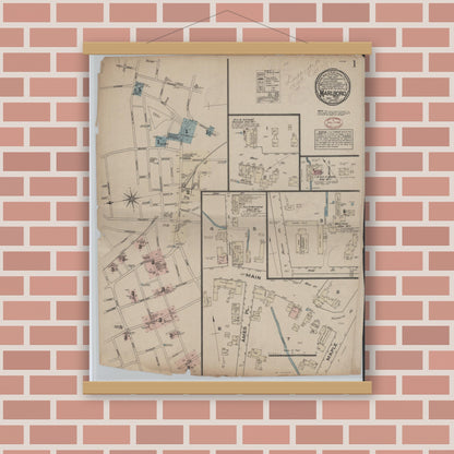 Old map wall art mockup — magnetic wood frame on brick wall — Sanborn Fire Insurance Map from Marlborough, Middlesex  County, Massachusetts (1881) - Complete Map Set