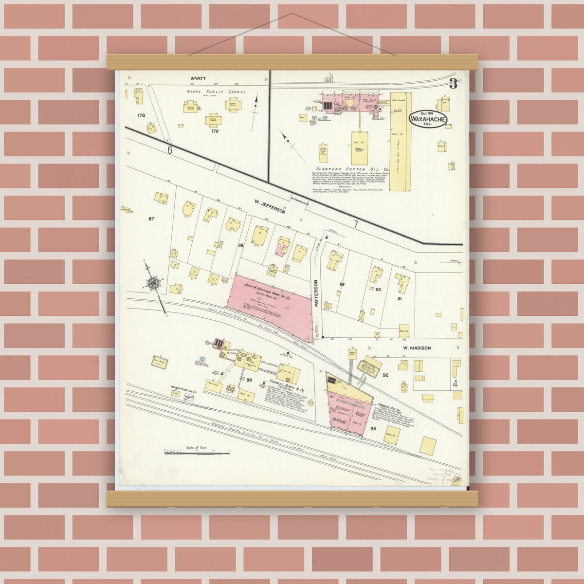 Old map wall art mockup — magnetic wood frame on brick wall — Sanborn Fire Insurance Map from Waxahachie, Ellis County, Texas (1909), Sheet #0003