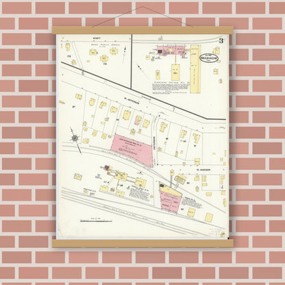 Old map wall art mockup — magnetic wood frame on brick wall — Sanborn Fire Insurance Map from Waxahachie, Ellis County, Texas (1909), Sheet #0003