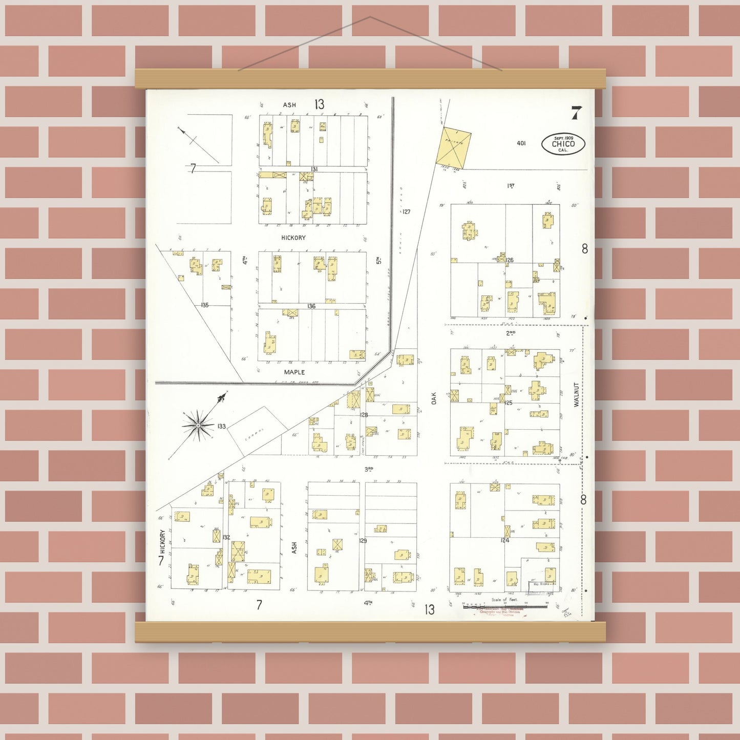 Old map wall art mockup — magnetic wood frame on brick wall — Sanborn Fire Insurance Map from Chico, Butte County, California (1909), Sheet #0007