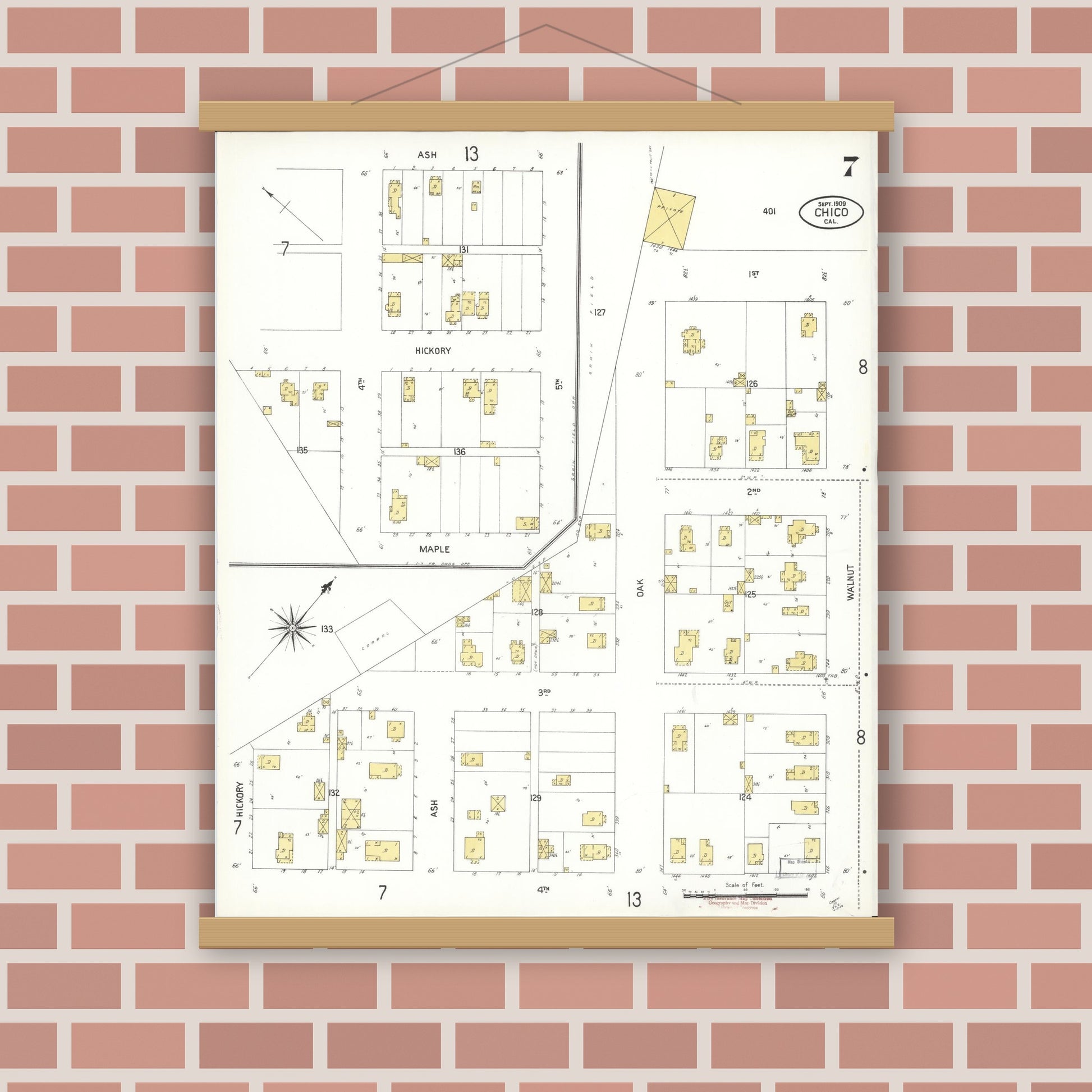 Old map wall art mockup — magnetic wood frame on brick wall — Sanborn Fire Insurance Map from Chico, Butte County, California (1909), Sheet #0007