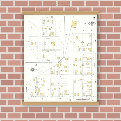 Old map wall art mockup — magnetic wood frame on brick wall — Sanborn Fire Insurance Map from Chico, Butte County, California (1909), Sheet #0007