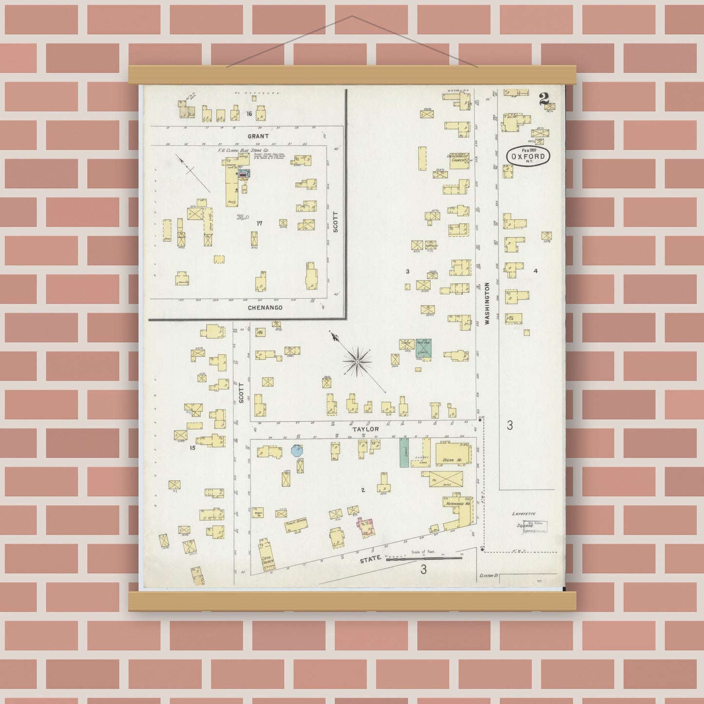 Old map wall art mockup — magnetic wood frame on brick wall — Sanborn Fire Insurance Map from Oxford, Chenango County, New York (1897), Sheet #0002