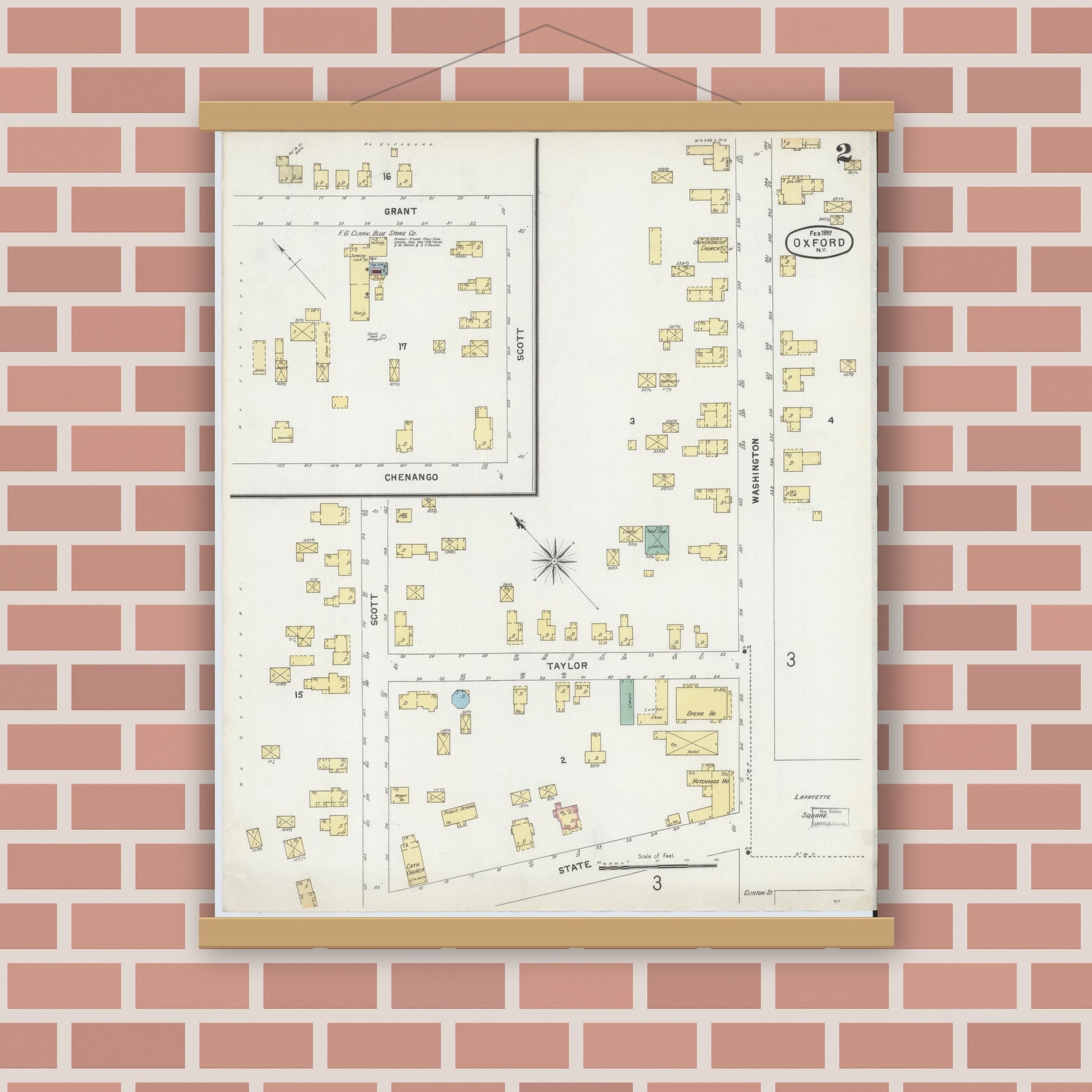 Old map wall art mockup — magnetic wood frame on brick wall — Sanborn Fire Insurance Map from Oxford, Chenango County, New York (1897), Sheet #0002