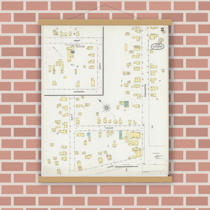Old map wall art mockup — magnetic wood frame on brick wall — Sanborn Fire Insurance Map from Oxford, Chenango County, New York (1897), Sheet #0002