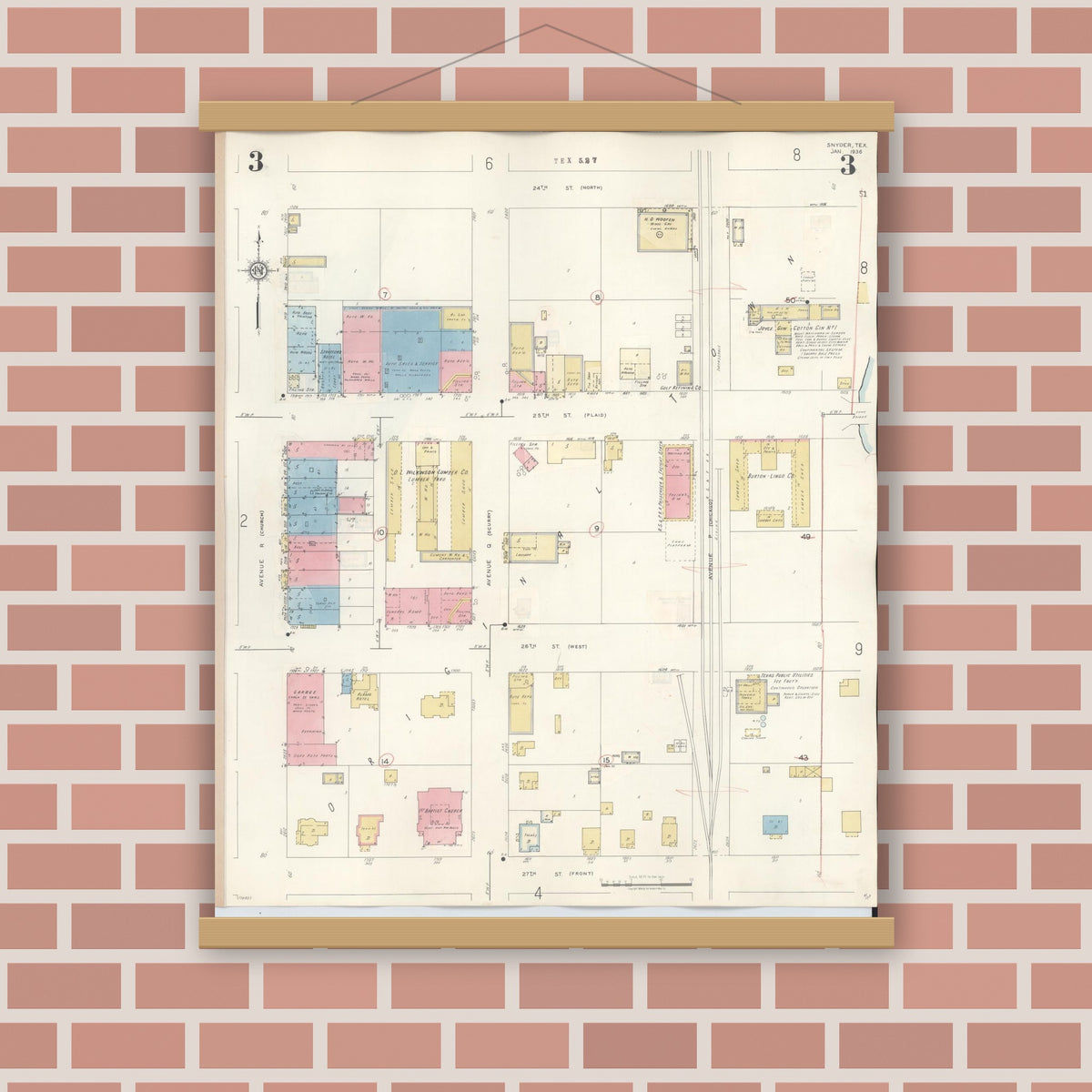Old map wall art mockup — magnetic wood frame on brick wall — Sanborn Fire Insurance Map from Snyder, Scurry County, Texas (1942), Sheet #0003