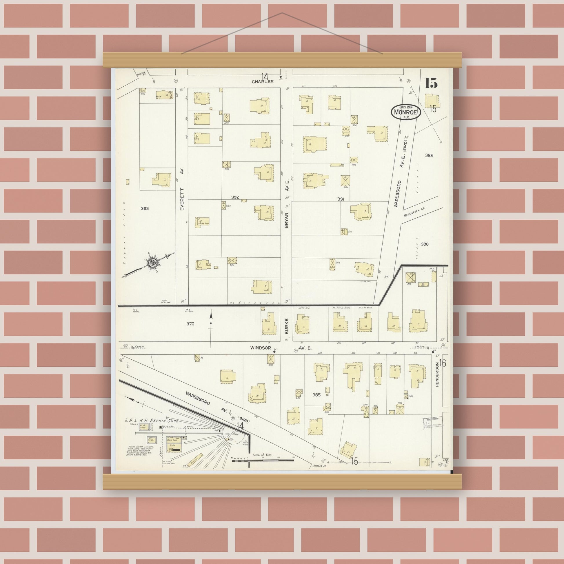 Old map wall art mockup — magnetic wood frame on brick wall — Sanborn Fire Insurance Map from Monroe, Union County, North Carolina (1914), Sheet #0015