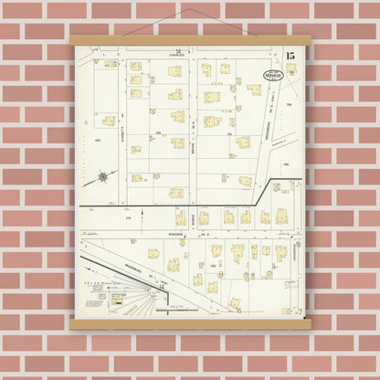 Old map wall art mockup — magnetic wood frame on brick wall — Sanborn Fire Insurance Map from Monroe, Union County, North Carolina (1914), Sheet #0015