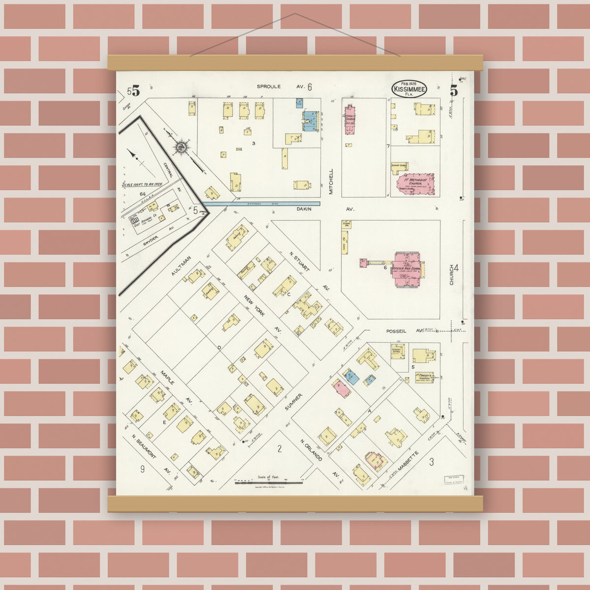 Old map wall art mockup — magnetic wood frame on brick wall — Sanborn Fire Insurance Map from Kissimmee, Osceola County, Florida (1926), Sheet #0005