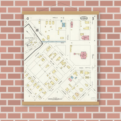Old map wall art mockup — magnetic wood frame on brick wall — Sanborn Fire Insurance Map from Kissimmee, Osceola County, Florida (1926), Sheet #0005
