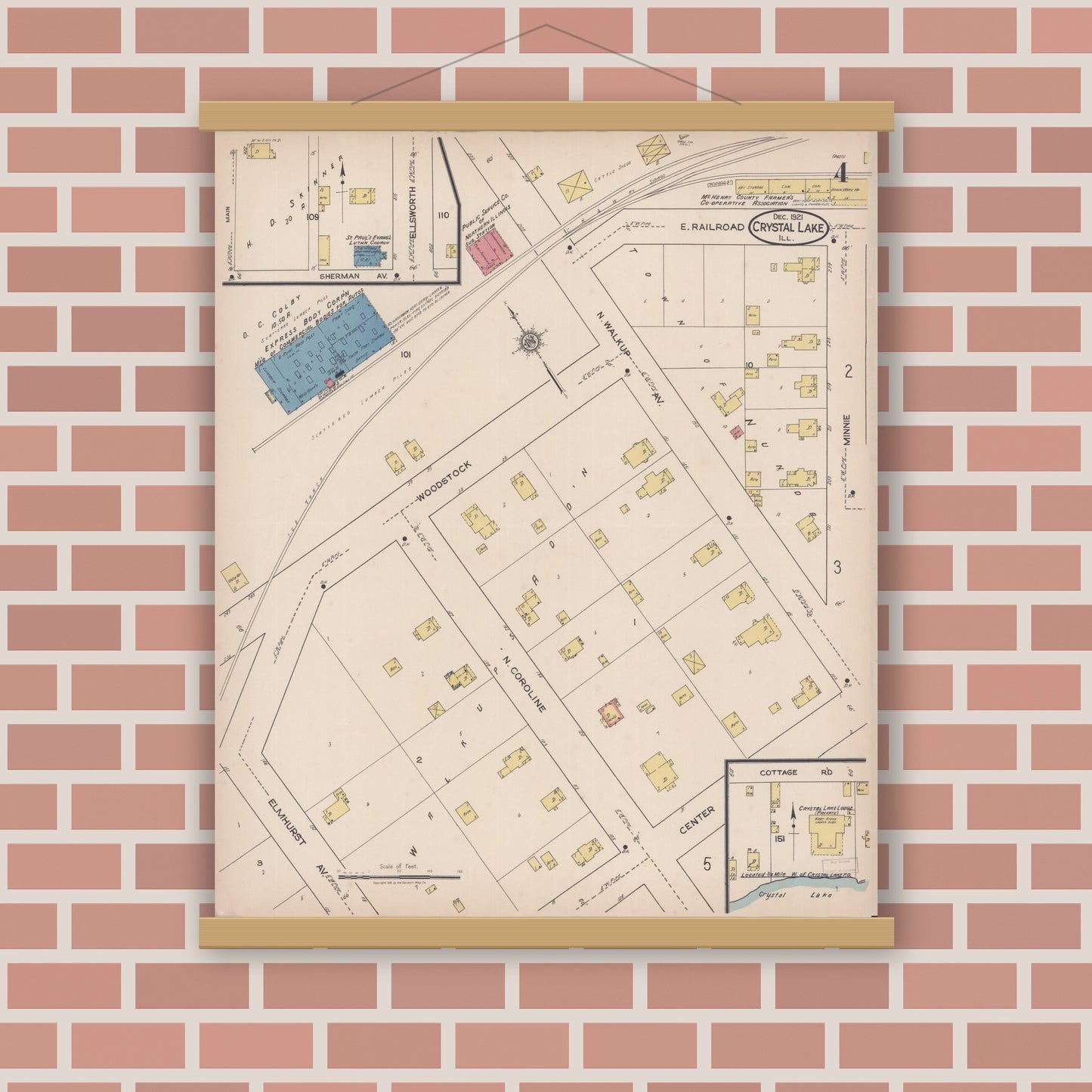 Old map wall art mockup — magnetic wood frame on brick wall — Sanborn Fire Insurance Map from Crystal Lake, McHenry County, Illinois (1921), Sheet #0004