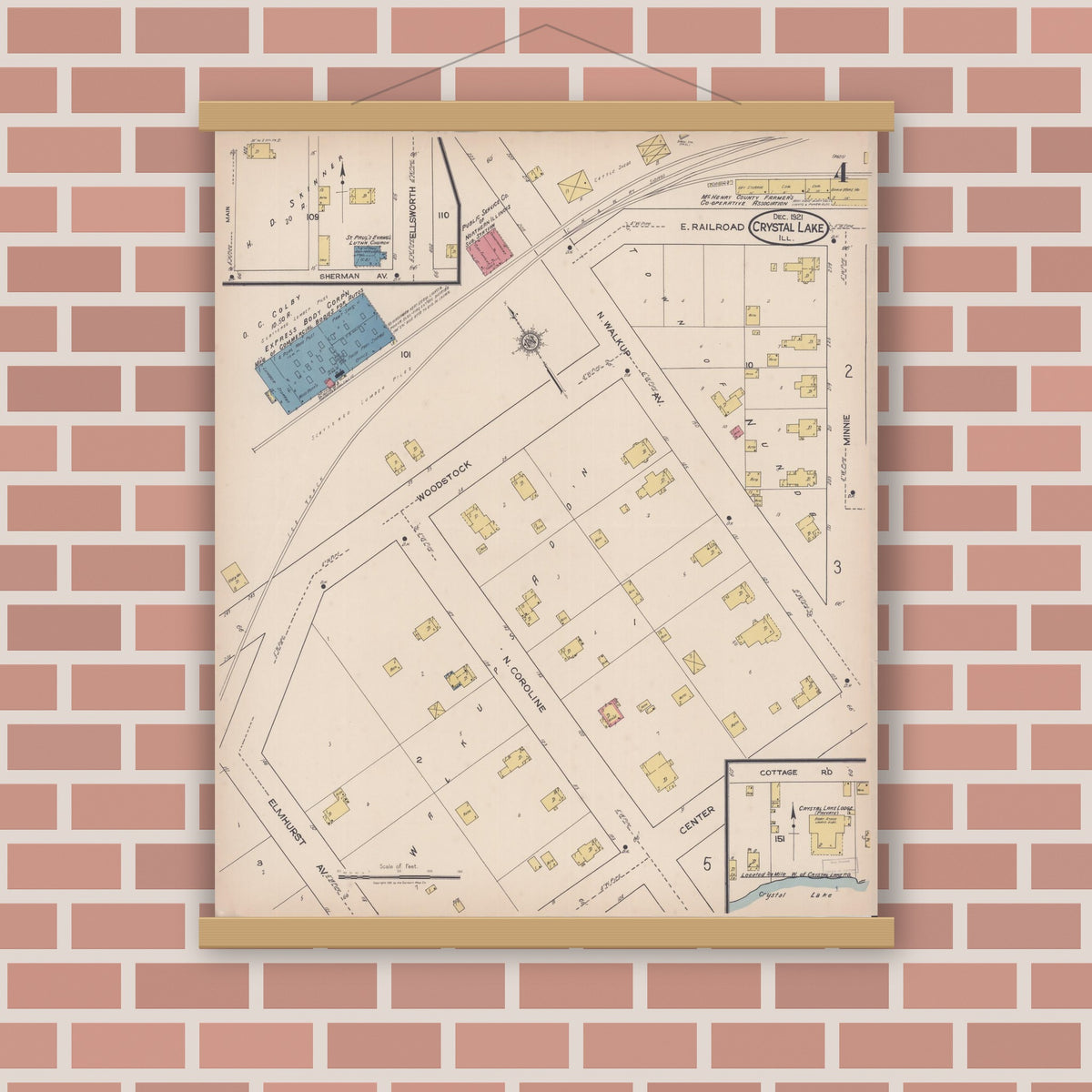 Old map wall art mockup — magnetic wood frame on brick wall — Sanborn Fire Insurance Map from Crystal Lake, McHenry County, Illinois (1921), Sheet #0004