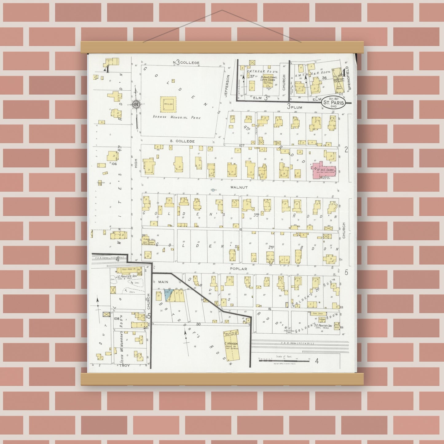 Old map wall art mockup — magnetic wood frame on brick wall — Sanborn Fire Insurance Map from Saint Paris, Champaign County, Ohio (1927), Sheet #0004