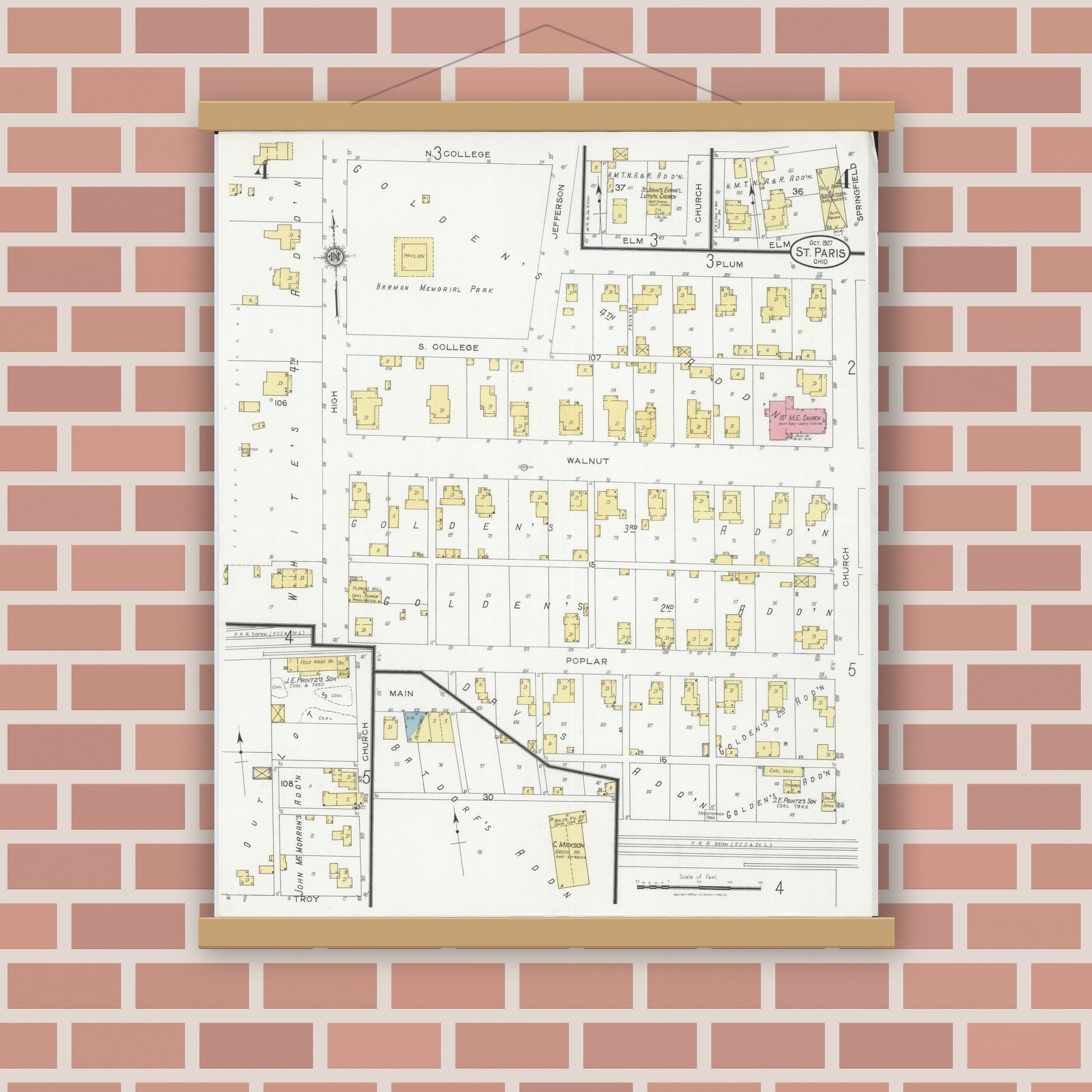 Old map wall art mockup — magnetic wood frame on brick wall — Sanborn Fire Insurance Map from Saint Paris, Champaign County, Ohio (1927), Sheet #0004