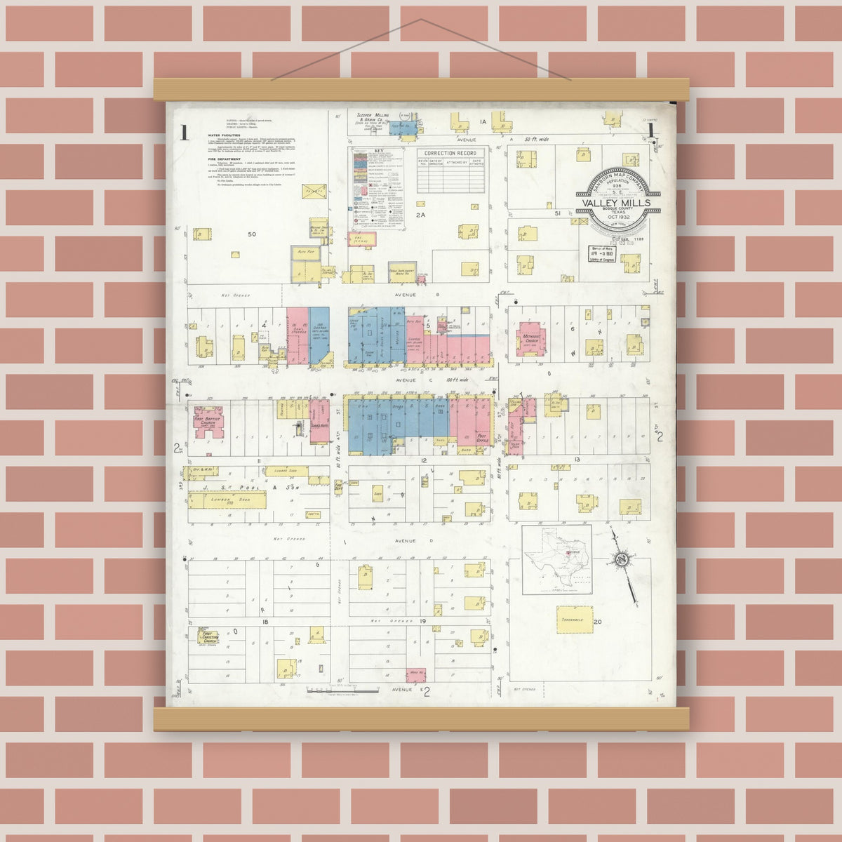 Old map wall art mockup — magnetic wood frame on brick wall — Sanborn Fire Insurance Map from Valley Mills, Bosque County, Texas (1932), Sheet #0001
