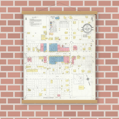 Old map wall art mockup — magnetic wood frame on brick wall — Sanborn Fire Insurance Map from Valley Mills, Bosque County, Texas (1932), Sheet #0001