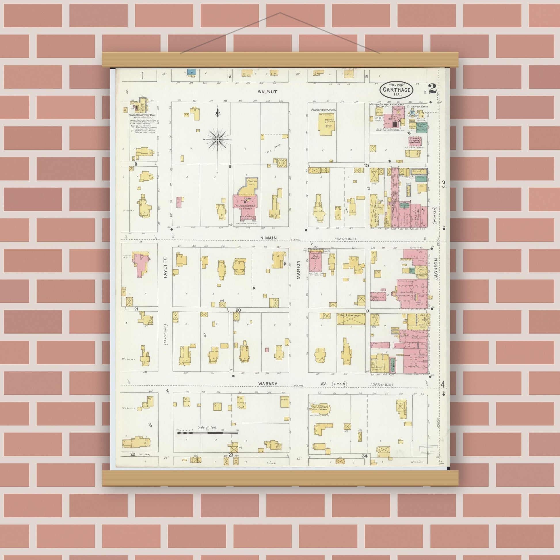 Old map wall art mockup — magnetic wood frame on brick wall — Sanborn Fire Insurance Map from Carthage, Hancock County, Illinois (1906), Sheet #0002
