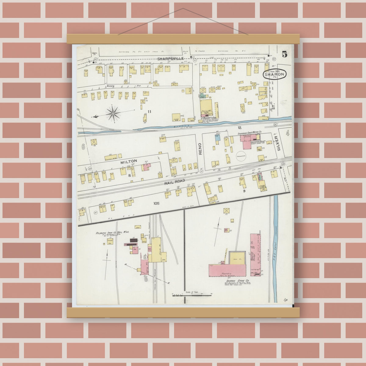 Old map wall art mockup — magnetic wood frame on brick wall — Sanborn Fire Insurance Map from Sharon, Mercer County, Pennsylvania (1893), Sheet #0005