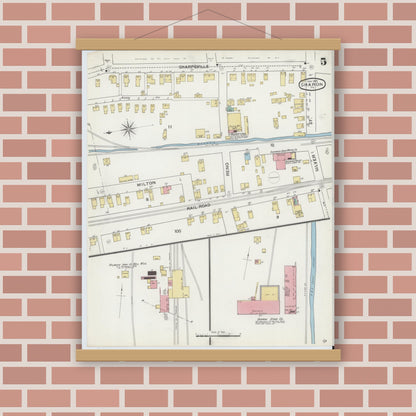 Old map wall art mockup — magnetic wood frame on brick wall — Sanborn Fire Insurance Map from Sharon, Mercer County, Pennsylvania (1893), Sheet #0005