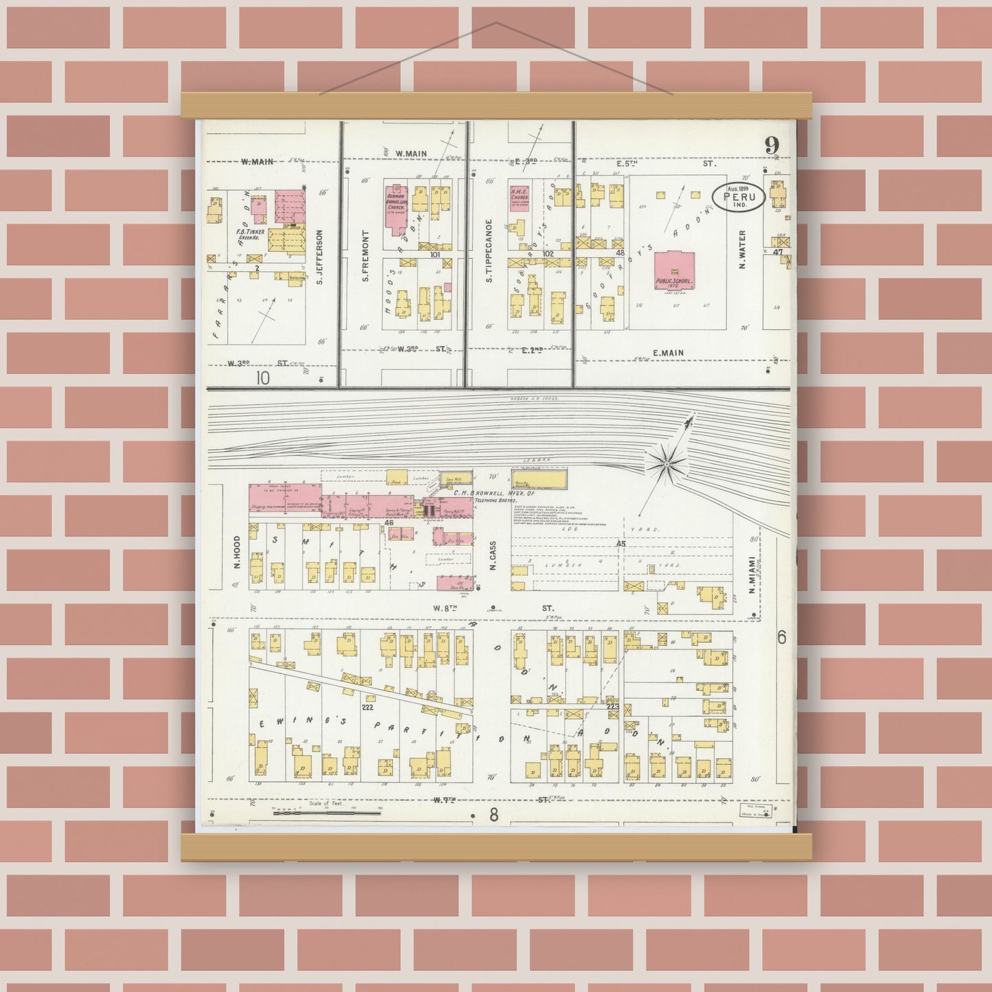 Old map wall art mockup — magnetic wood frame on brick wall — Sanborn Fire Insurance Map from Peru, Miami County, Indiana (1899), Sheet #0009