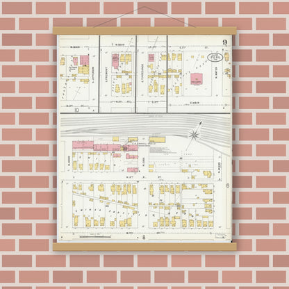 Old map wall art mockup — magnetic wood frame on brick wall — Sanborn Fire Insurance Map from Peru, Miami County, Indiana (1899), Sheet #0009