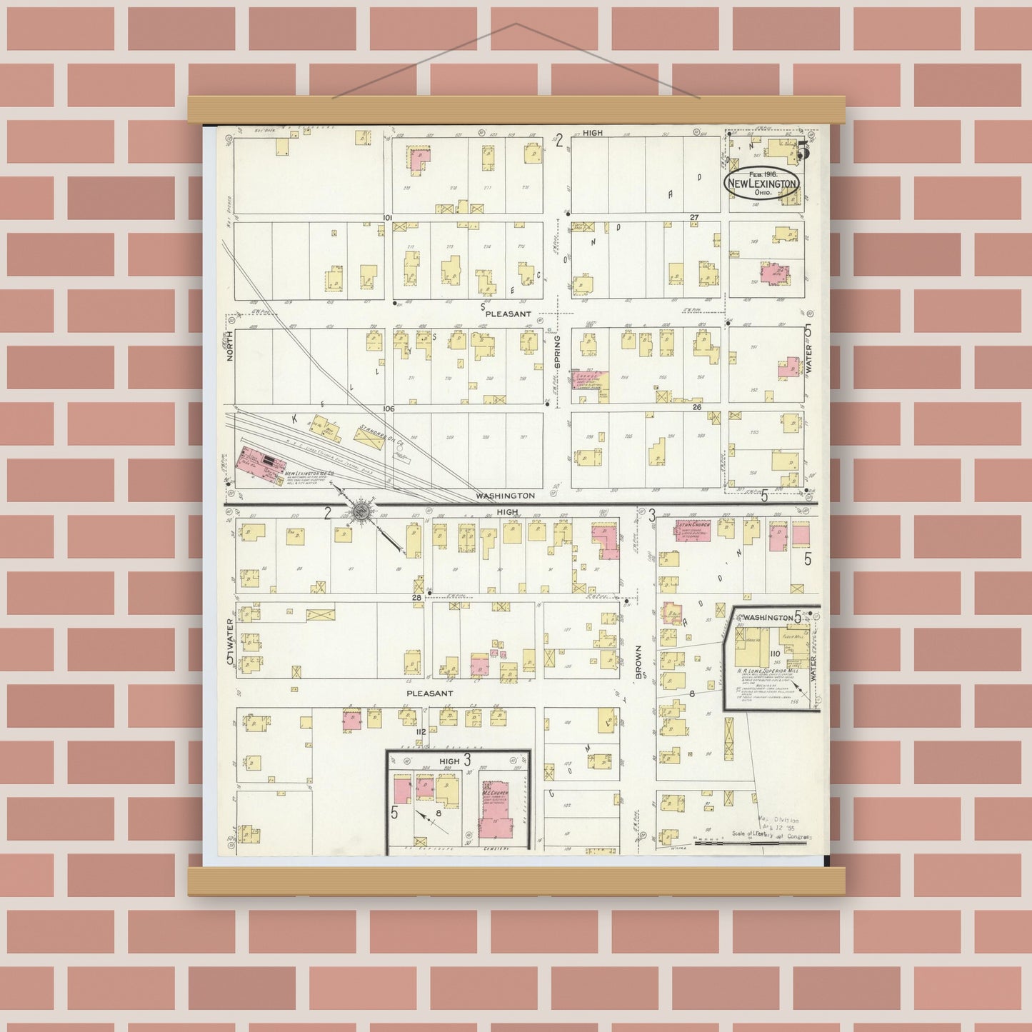 Old map wall art mockup — magnetic wood frame on brick wall — Sanborn Fire Insurance Map from New Lexington, Perry County, Ohio (1916), Sheet #0005